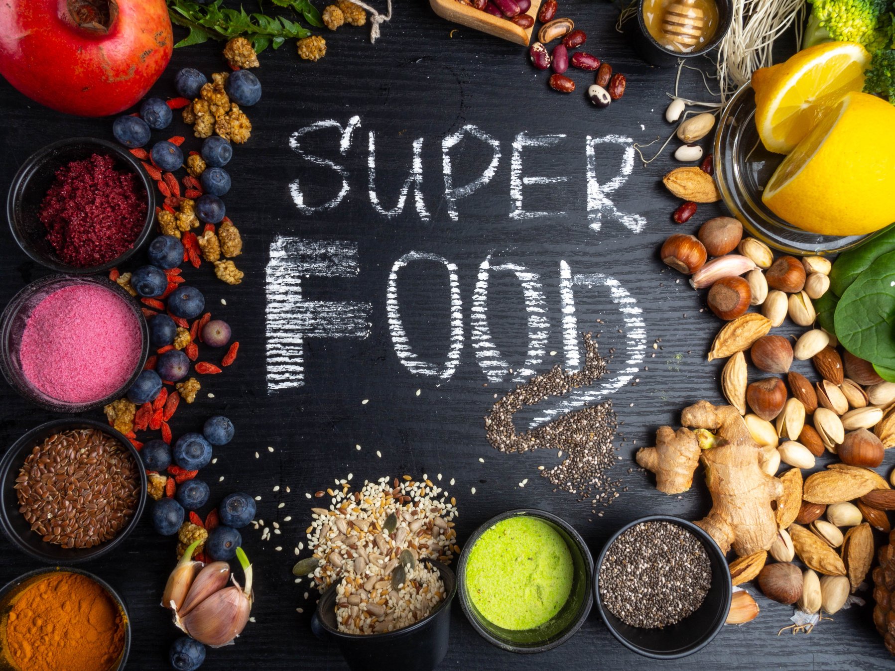 Super food selection. Various super foods and healthy foods